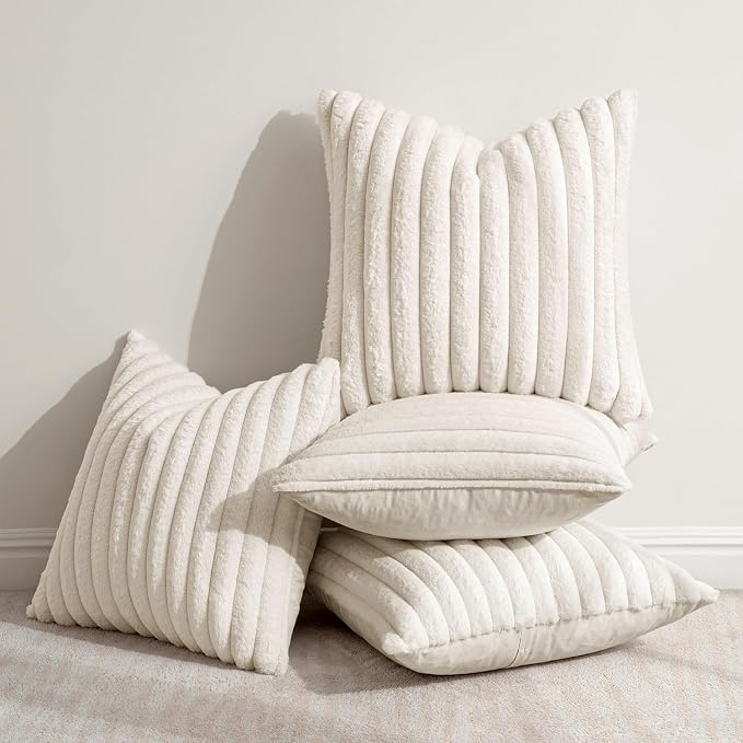 MIULEE Faux Fur Plush Decorative Throw Pillow Covers 18x18, Cream White | Set of 4, Striped, Soft Modern Cozy Home Decor, Cushion Cases for Sofa Couch Bed Living Room
