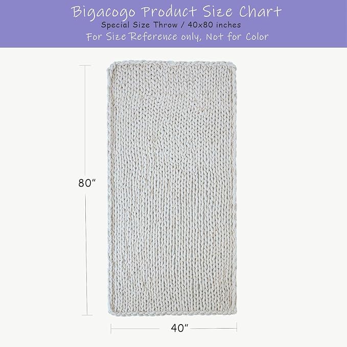 Bigacogo Chunky Knit Throw Blanket for Couch, 40x80 inches, Ivory | Hand Knit with Jumbo Chenille, Soft Breathable Cable Knit for Sofa Bed Living Room, Machine Washable, Gift for Mom Friend