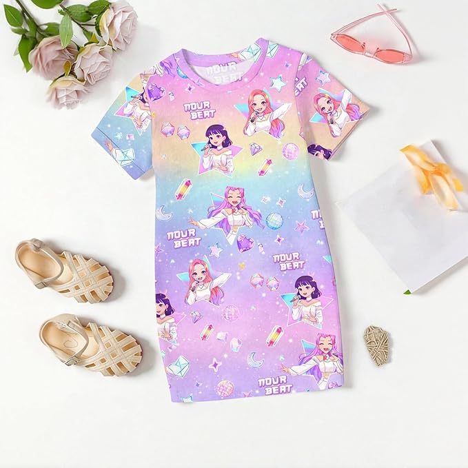 Girl's Anime K-POP Graphic Long Dress T-Shirt - Casual Loose Fit Short Sleeve Top