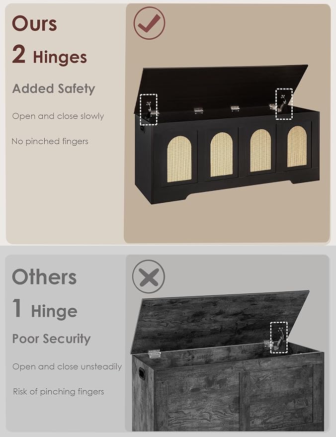 Storage Chest, Wooden Toy Box, Espresso Oak 47.2" L | Entryway Shoe Bench, 2 Safety Hinges, Finger-safe Flip-Top, Easy Assembly, Farmhouse Large Trunk, Rattan, Living Room/Bedroom