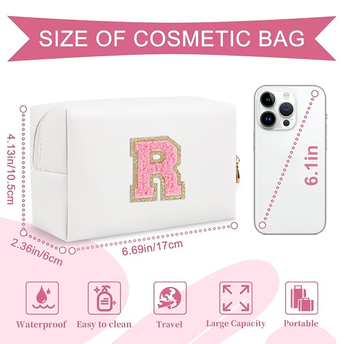 Personalized Makeup Bag Initial A-Z Preppy Patch Bag,Small PU Leather Travel Cosmetic Bag Pouch with Zipper,White Cute Toiletry Bag,Gift Ideal for Teen Girls Women Birthday Friend Mom,Letter R