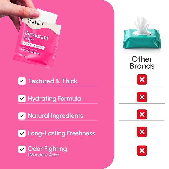FOMIN Acidified Travel Deodorant Wipes For Women & Men - 50 Count - Patchouli Blossom - pH Balanced, Mini Deodorant Travel Size Wipe - Plastic-Free, Individually Wrapped Underarm Body Wipes