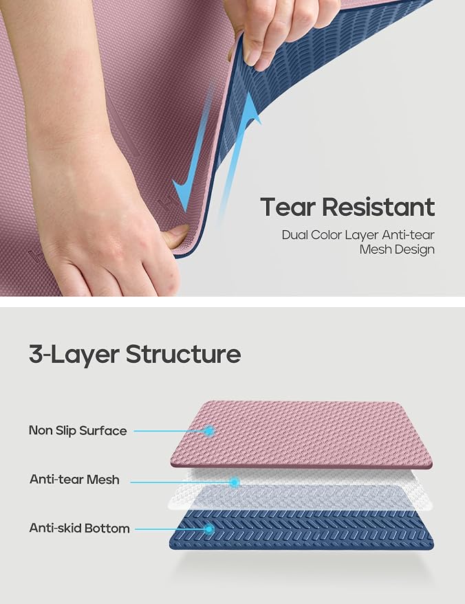 Heathyoga Yoga Mat Non Slip TPE Pilates Exercise Mats for Home Workout Gym Fitness Eco Friendly Thick Hot Yoga Mat with Strap Body Alignment,72"x 26" Thickness 1/4"