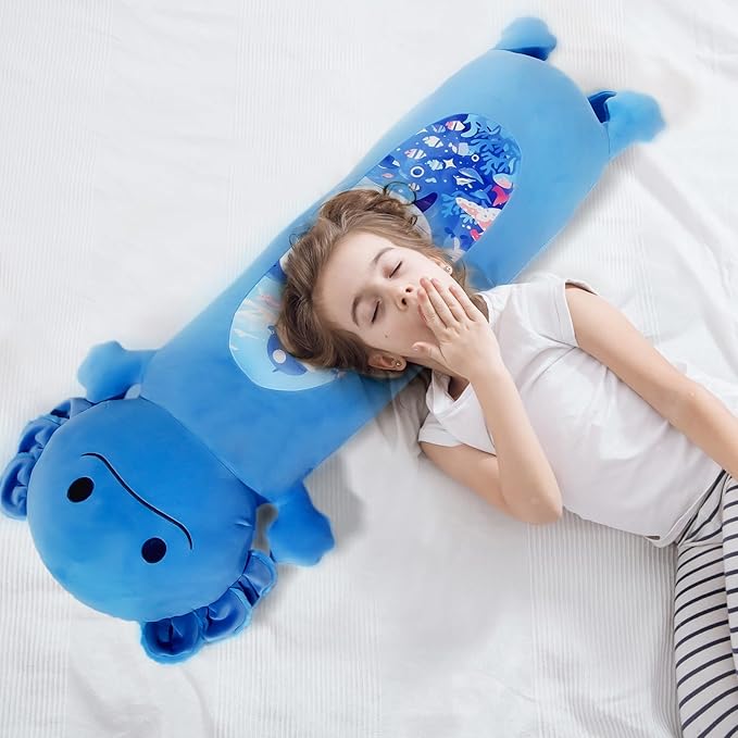 36 inch Long Axolotl Plush Body Pillow, Giant Cute Blue Ocean Axolotl Stuffed Animals, Big Salamander Squishy Soft Plushies Toy, Gifts for Kids Girls and Boys, Birthdays ﻿Easter