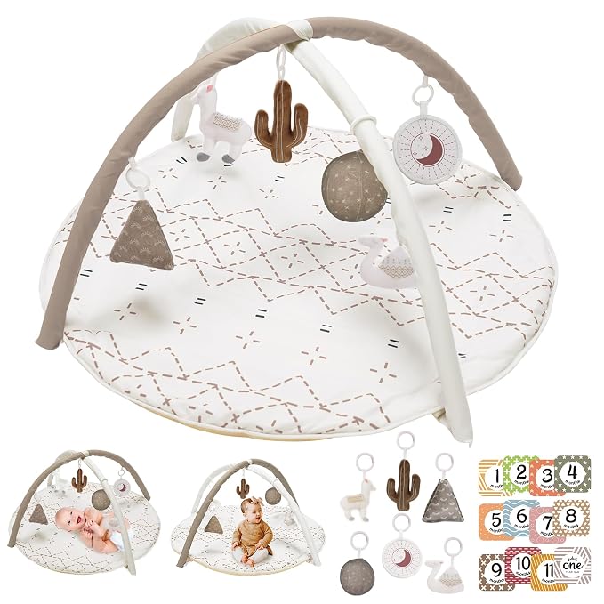 Little Dove Tummy Time Mat with 6 Toys, Macrame Baby Play Mat for Newborn, Baby Gym with 12 Milestone Cards, Stage-Based Sensory and Motor Skill Development Baby Play Gym, Non Slip Mat Washable, Khaki