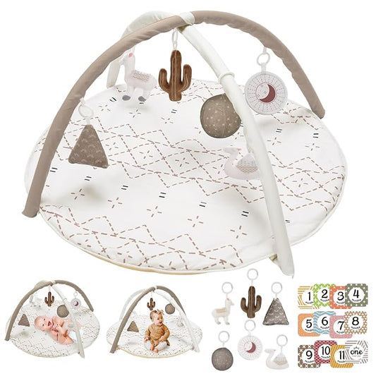 Little Dove Tummy Time Mat with 6 Toys, Macrame Baby Play Mat for Newborn, Baby Gym with 12 Milestone Cards, Stage-Based Sensory and Motor Skill Development Baby Play Gym, Non Slip Mat Washable, Khaki