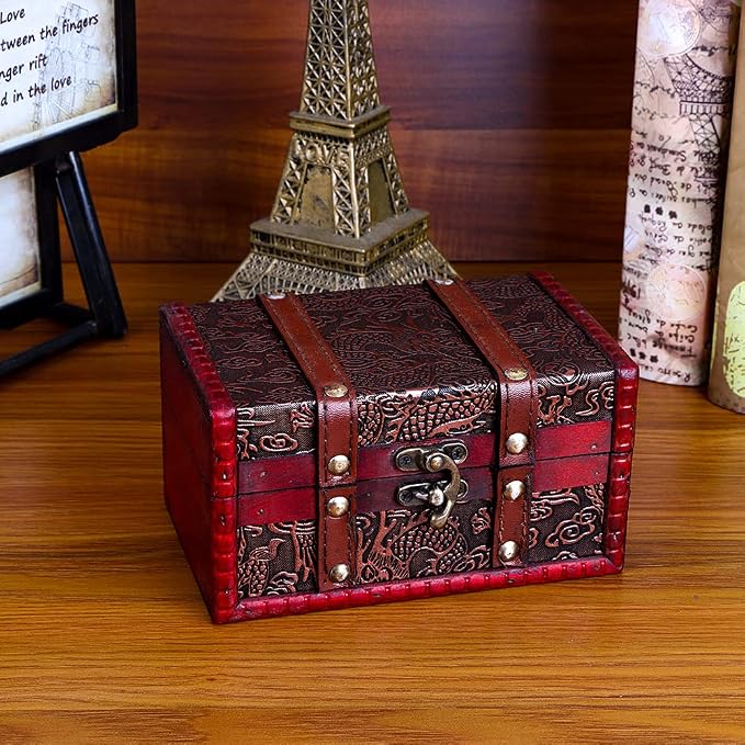 WaaHome Treasure Box Chest - 6.2" Decorative Wood Boxes Vintage Pirate Treasure Chest for Kids Jewelry Keepsake Box with Lids for Women Men Girls Boys Gifts Home Decor