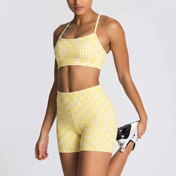ABOCIW Workout Sets for Women 2 Piece Color Block Strappy Sports Bra High Waist Shorts Gym Yoga Pilates Outfits