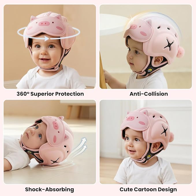 Baby Head Protector Baby Helmet for Crawling and Walking - No Bumps and Soft Safety Peak - Ultra Light and Adjustable Baby Head Protector Suitable for Babies 6-24 Months-Pink Piggy