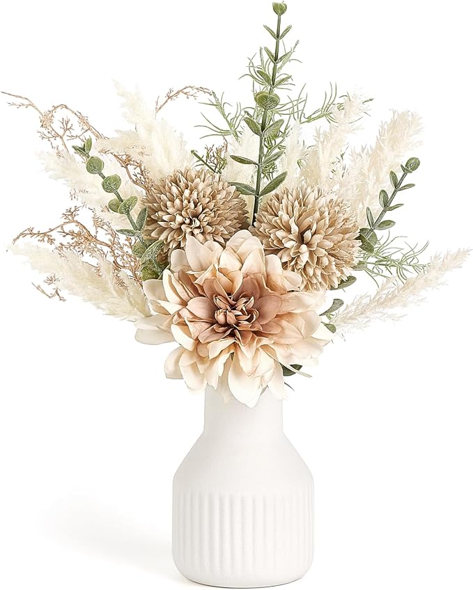 Mkono Fake Flowers in Ceramic Vase, 12.5" Coffee Table Centerpieces, Brown | Table Decor with vase, Small Silk Faux Artificial Flower Arrangements, Fits Bathroom Dining Room Kitchen Home Indoor Decor