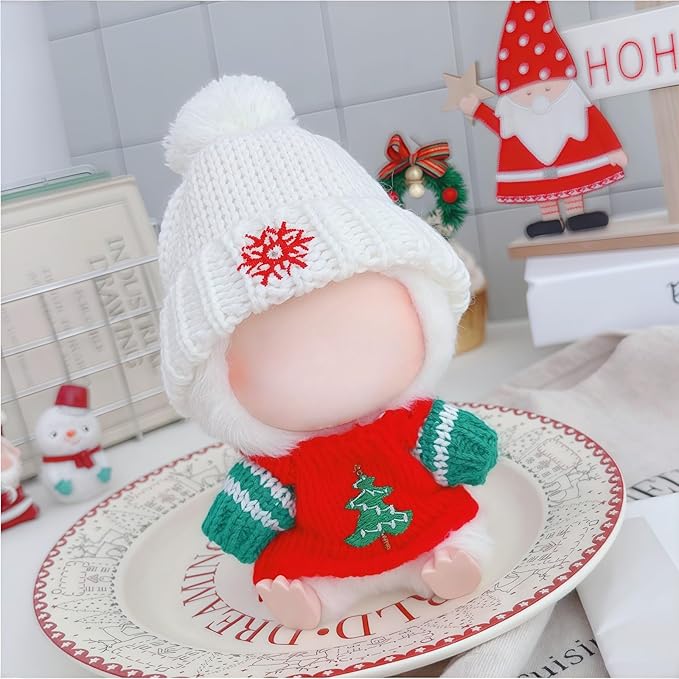 Christmas Hat Clothes for Dolls Accessories, Stylish Kawaii Festive Christmas Tree Sweater Outfit Set 2 Pieces Suitable for 15cm 17cm Doll , Xmas Doll Clothing Set Replacement