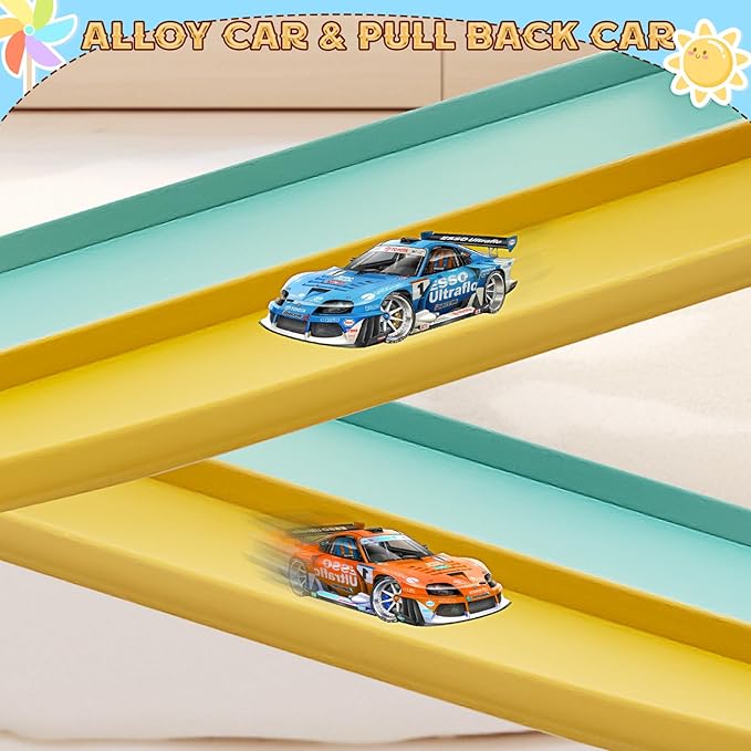 Flex Tracks 15 Ft for Kids Starter Set, Flexible Race Car Ramp Track with Suction Cups Compatible with Hot Wheels and Diecast 1/64th Cars for Ages 3 & Up (Daytona Blue & Yellow)