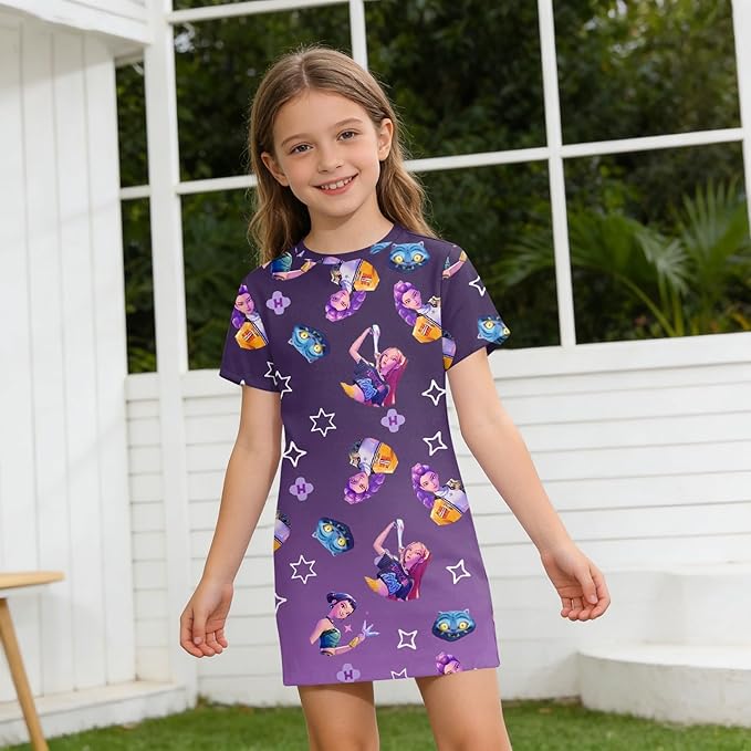 Girl's Anime K-POP Graphic Long Dress T-Shirt - Casual Loose Fit Short Sleeve Top