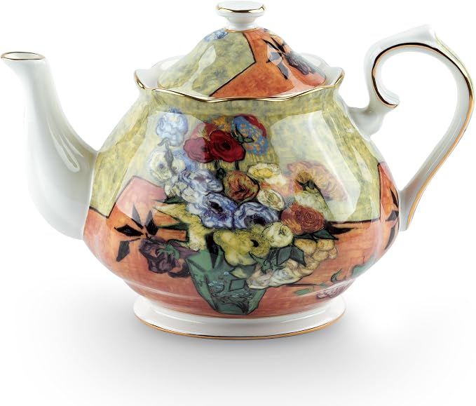 Teapot 30 oz Vangogh Paintings Bone China Loose Tea Pot Floral Design Vintage Ceramic Coffee Water Pot European Style Porcelain (Flower Vase)