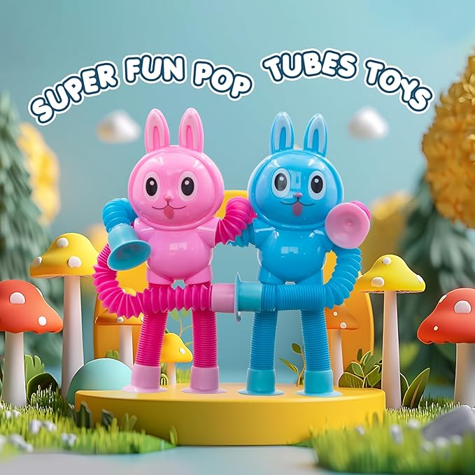 Pop Tubes Rabbit Fidget Toys for Kids, 2Pack Fidget Pop Toys Telescopic Suction Cup Toy for Stress and Anxiety Relief, Stocking Stuffers Gift for Kids and Toddlers (2Pack Rabbit)