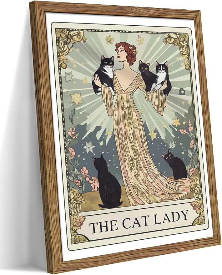 Framed Black Cat Wall Art, Vintage The Cat Lady Tarot Canvas Wall Decor Paintings, Funny Cute Woman Animal Poster Prints Picture Artwork for Bedroom Living Room 12x16 Inch