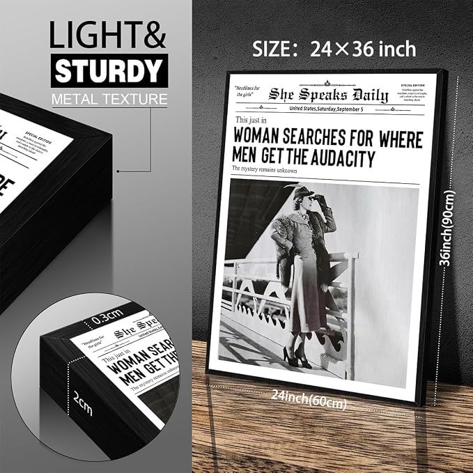 Black and White Newspapers Poster Women Searches For Where Men Get the Audacity Wall Art 24X36 inch Black Framed Trendy Feminist Canvas Prints for Home Bar Wall Decor