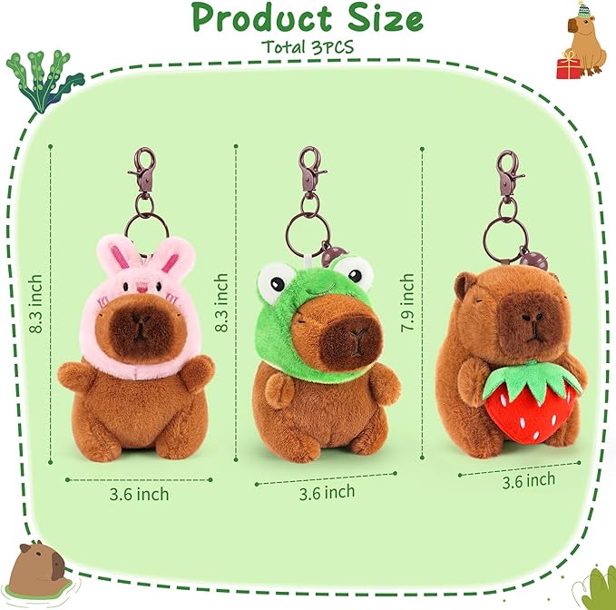Achwishap 3PCS Capybara Plush Keychain,Cute Keychain Capybara Stuffed Animal,Soft Capybara Plush Toys Key Chain,Kawaii Plushie Stuffed Toys for Kids Adults(Bunny Hat,Frog Hat,Holding Strawberry)