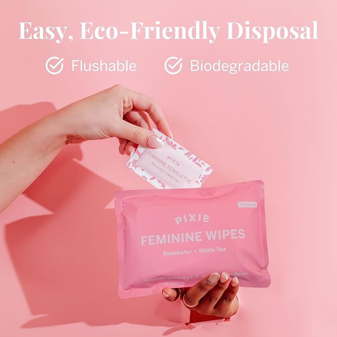 Pixie Feminine Wipes – Naturally Scented Rosewater + White Tea – Flushable, Biodegradable & pH Balanced – Individually Wrapped Wipes for On The Go – Cleaner for Menstrual Cups & Discs (20 Count)