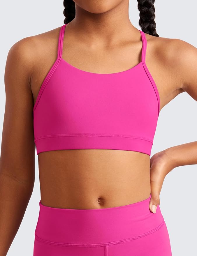 CRZ YOGA Girls Butterluxe Y Back Sports Bra - Yoga Athletic Casual Tops Scoop Neck Spaghetti Strap Padded Crop Kids Teen