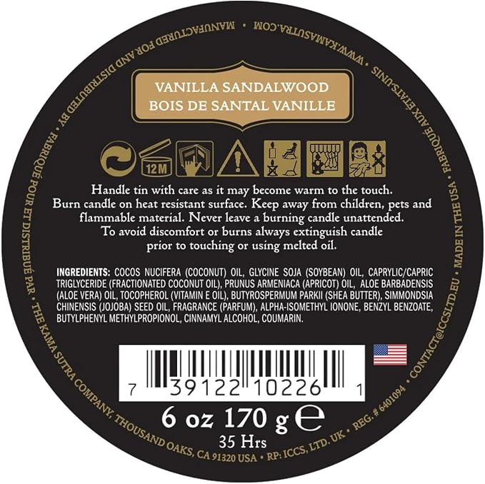 Kama Sutra Ignite Massage Candle Vanilla Sandalwood, 6 Ounce