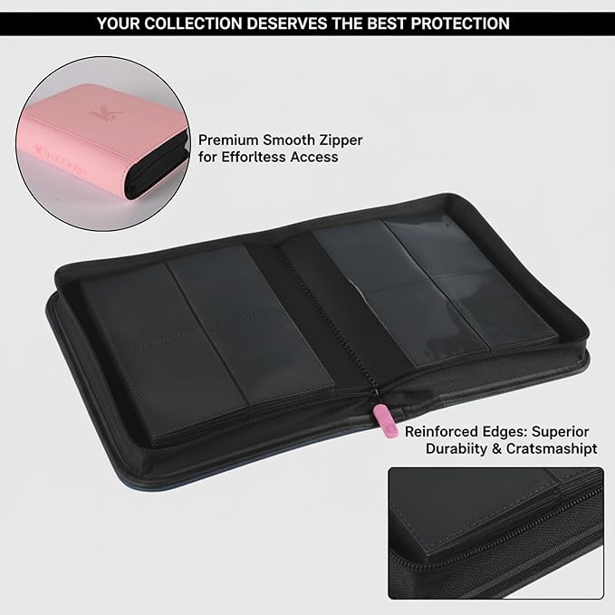 336 Card Binder, 4-Pocket Zipper Binder for Trading Cards, Side Loading Water-Resistant Album for MTG, TCG & Sports Cards (Pink)