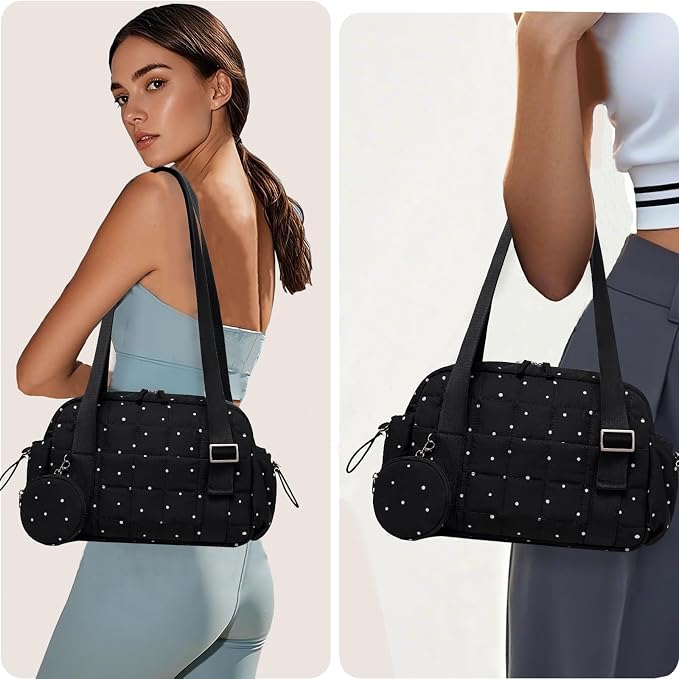 CAMTOP Mini Gym Bag for Women, Small Gym Tote Bag Puffy Quilted Sports Duffel Bag with Wet Compartment and Coin Purse Duffel Bags Dance Yoga Workout Bag for Gifts (Polka Dot, Mini-12.6")