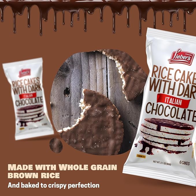 LIEBERS Dark Chocolate Rice Cakes, Kosher, Dairy Free, Gluten Free, 3 Pack | Vegan Whole Grain Brown Rice Snack, Crispy & Low Calorie, 60 Calories or Less per Cake, Dark Italian Chocolate