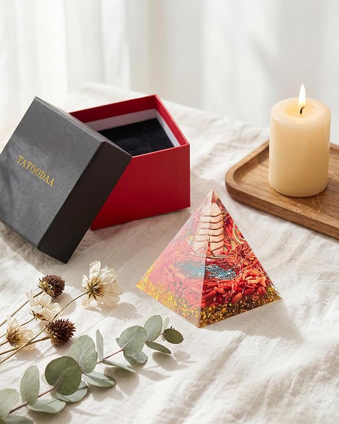 Hand of Fatima - Orgone Pyramid with Healing Crystals - Energy Generator for Positive Vibe, Stress Relief & Chakra Reiki Meditation - Pyramid Decor - Spiritual Gift for Success, Wealth & Prosperity