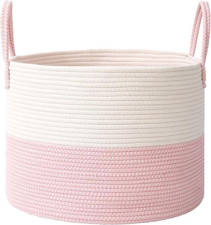 JMvicyroam 115L Extra Large Machine Washable Cotton Rope Blanket Basket | Collapsible laundry hamper, Reinforced handles, For blankets, pillows, toys and clothes, Living room and bedroom, White&Pink