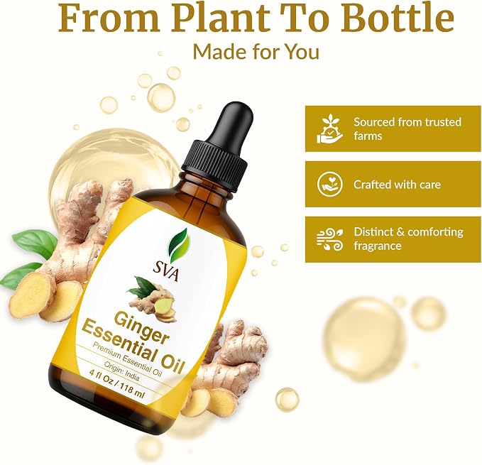 SVA Ginger Essential Oil 4 Fl Oz – for Diffuser, Skin & Hair Care – Ideal for Massage & DIY Blends - with Dropper