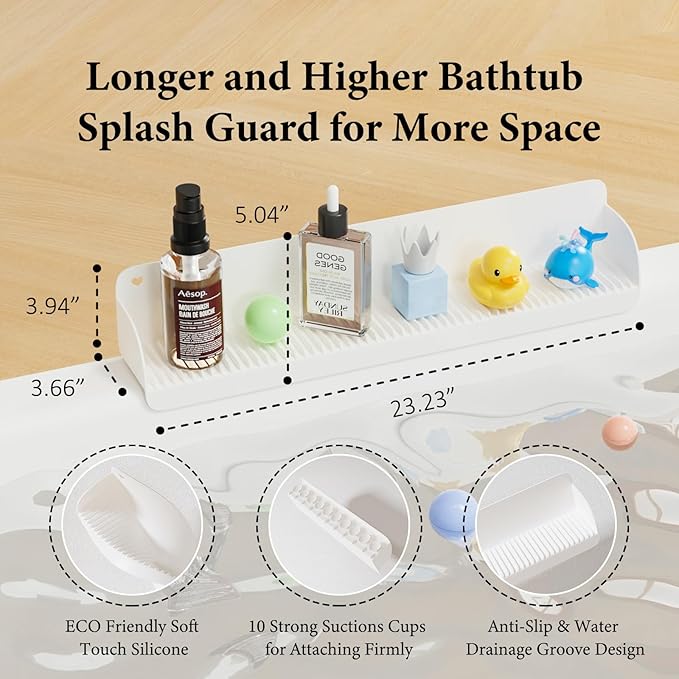 Bathtub Splash Guard, Silicone Toy Tray Holder Storage with 10 Strong Suction Cups, Bathtub Accessories Prevent Water Spill, Countertop Protectors for Tub, Bathroom Sink, Kitchen Sink 1 Pcs Gray White