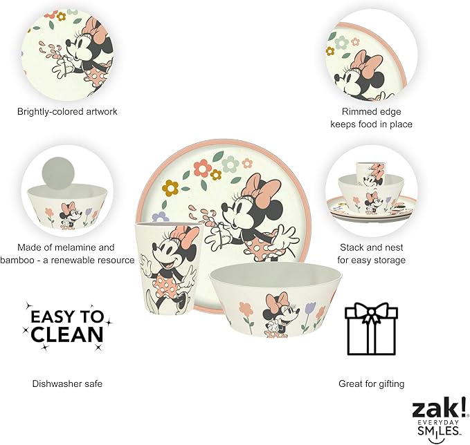 Zak Designs Disney Kids Dinnerware Set 3 Pieces, Durable and Sustainable Melamine Bamboo Plate, Bowl, and Tumbler are Perfect For Dinner Time With Family (Minnie Mouse)