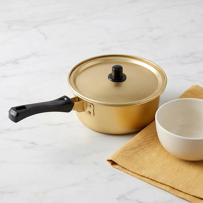OUNONA 2pcs Gold Korean Ramen Pot Set - Large and Small Aluminum Cooking Pot with Lid - Suitable for Stovetop Noodle Soup Kitchenware