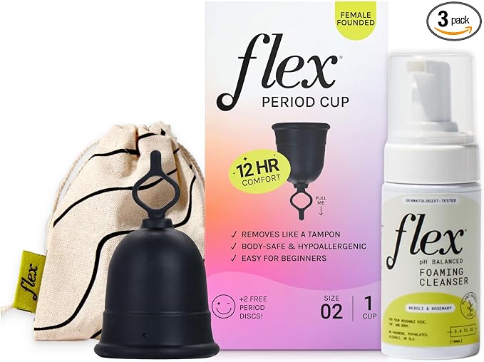 Flex Cup Starter Kit (Full Fit - Size 02) Bundle | Reusable Menstrual Cup + 2 Free Menstrual Discs + Foaming Cleanser with Neroli