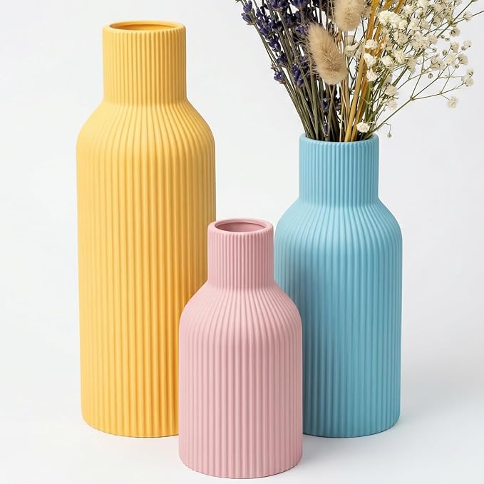 Colorful Ceramic Vases Set of 3, Matte Round Vertical Ribbed,Minimalist for Pampas Dried & Fresh Flowers, Centerpiece for Living Room, Shelf, Entryway, Wedding (Pink, Blue, Yellow)