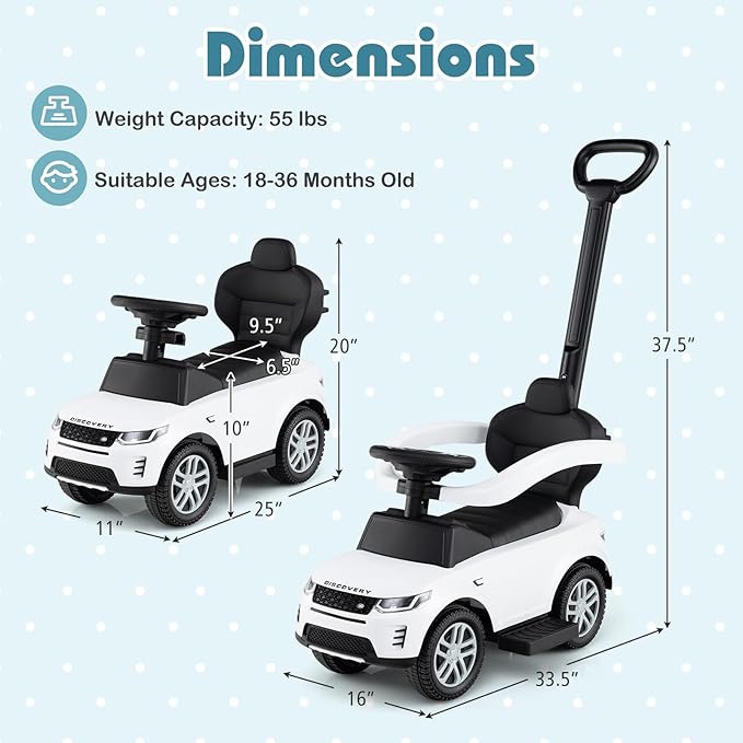 Costzon Push Car for Toddlers, 3 in 1 Land Rover Discovery Stroller Sliding Walking Car with Handle, Horn Sound, Underneath Storage, Armrest Guardrail, Foot-to-Floor Ride On Toy for Boys Girls (White)