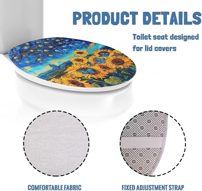 KathyboomToilet Lid Cover, Suitable for Most Round, Long and Oval Toilet Lid Cover, Comfortable and Dustproof, Reusable Toilet Seat Cover-Sunflowers With Butterflies