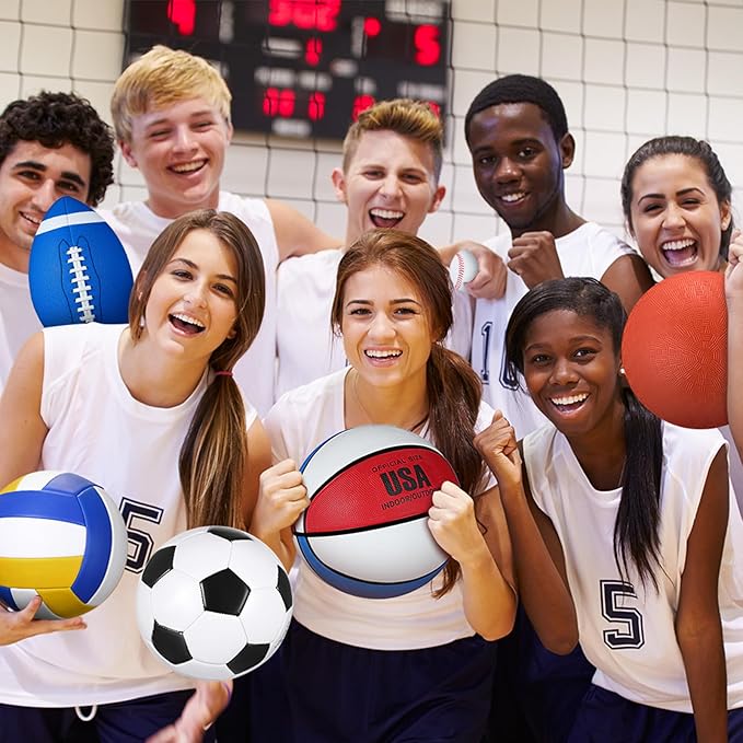 Libima 6 Pcs Multi Sport Ball Set Gift Official Size Football, Basketball, Soccer, Volleyball, Playground Ball, Baseball with Outdoor Sports Equipment Bag Pump for Christmas Holiday