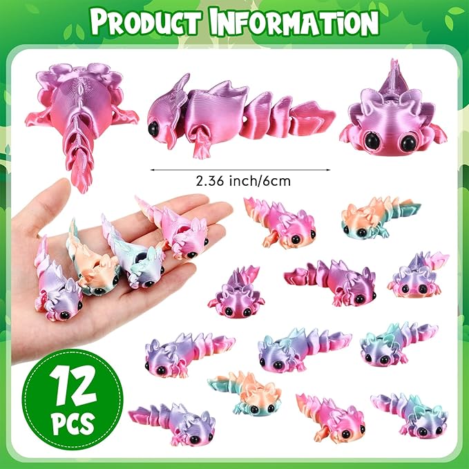 Honoson 12 Pcs 3D Printed Fidget Toy 3D Printed Rainbow Axolotl Small Animal Toy Flexible Cute Articulating Pet Stress Relief Fidget Toys for Play and Display(6cm)