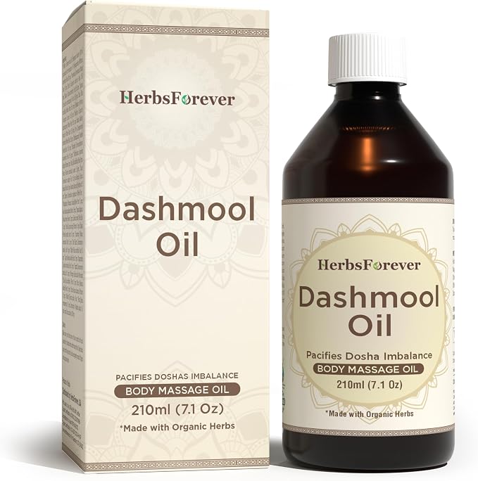 Herbsforever Dashmula Oil-Authentic Ten-Herb Roots Infused in Cold-Pressed Sesame Body Massage Oil | Vata Calming, Pain Relief, Joint Comfort, Muscle Sore, Postpartum Winter Chills|7.1fl oz, 210 ml