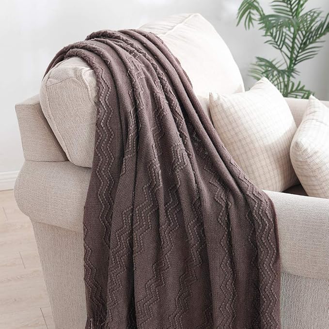 BOURINA Brown Throw Blanket 50x60 Inch Boho Knitted Soft Throw Sofa Blanket | Knitted Throw Blanket 50x60 Inches, Soft Lightweight Boho Weave Throw Decorative Couch Blanket for Living Room Bedroom Chair
