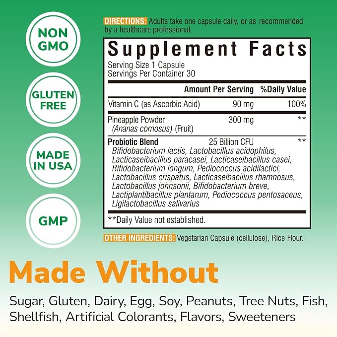 Vitalibre Pineapple + Probiotic, 300 mg, 25 Billion CFUs, 13 Strains, Natural Vitamin C, Powerful Antioxidants, for Immunity, Vaginal, Gut Health, 30 Vegan Capsules, Non GMO