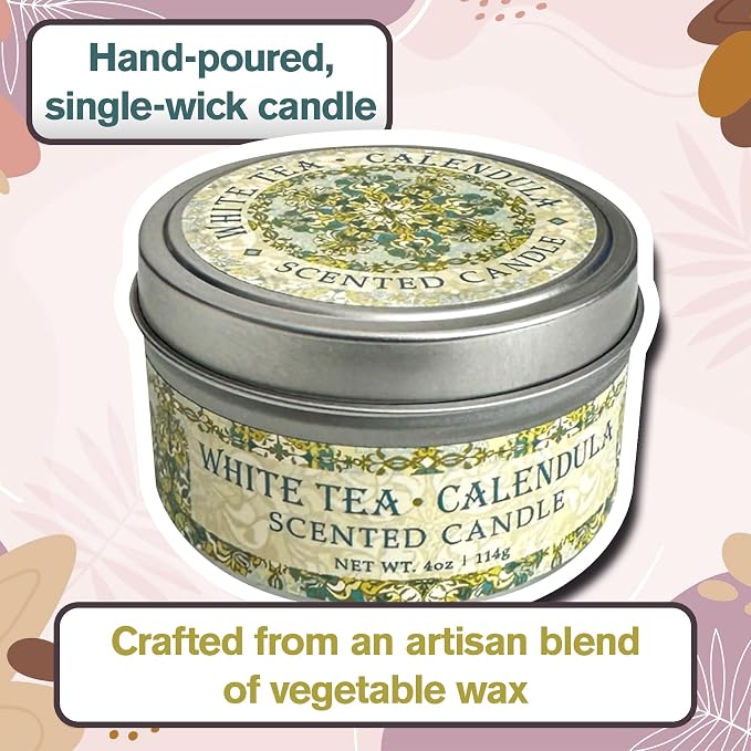 Greenwich Bay Hand-Poured Scented Candle in Decorative Tin – 4 oz/114 g Travel Candle with Lead-Free Wick, Vegetable Wax, Long-Burning Aromatherapy Gift, Single Wick – Made in USA (White Tea)