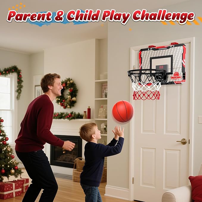 EagleStone Mini Indoor Basketball Hoop with Scoreboard,4 Balls & Pump,Over The Door Bedroom Office Basketball Hoop for 6 7 8 9 10 11 12+ Year Old Kids Boys