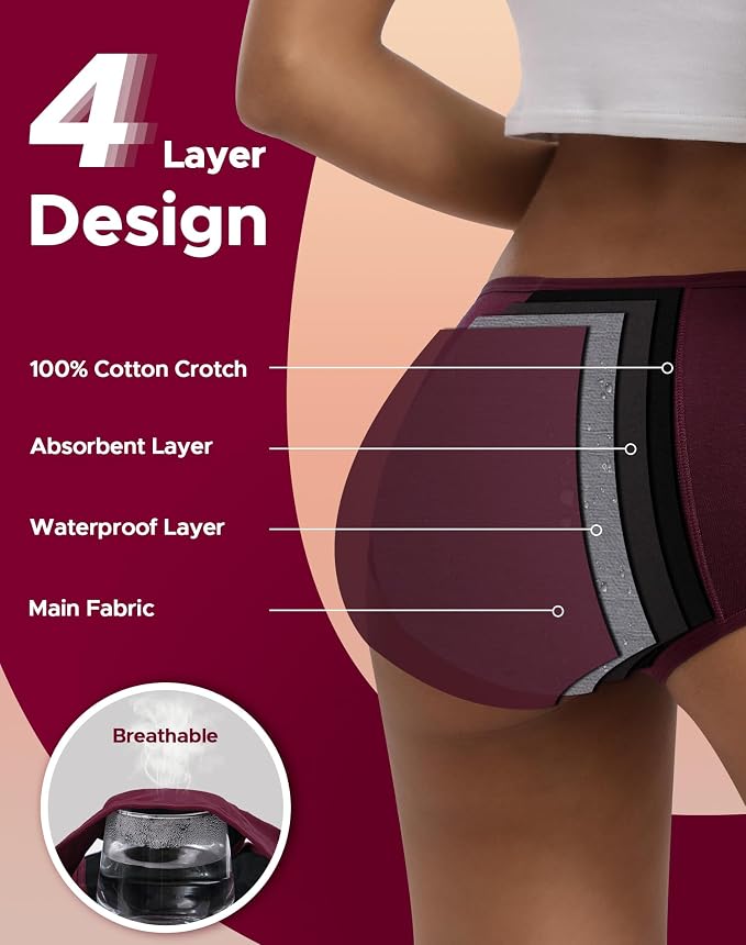 INNERSY Period Underwear for Women Teens Leak-Proof Menstrual Cotton Protective Hipster Panties 3-Pack