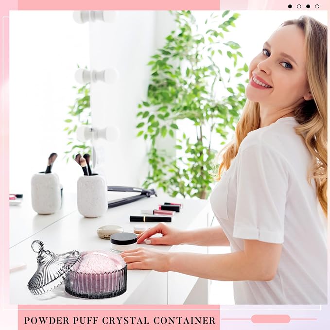 Tioncy 2 Pcs Extra Large Dusting Powder Puff and Container for Women-6'' Glass Crystal Dusting Powder Container with Body Soft Washable Reusable Velour Face(Gray,Classic)