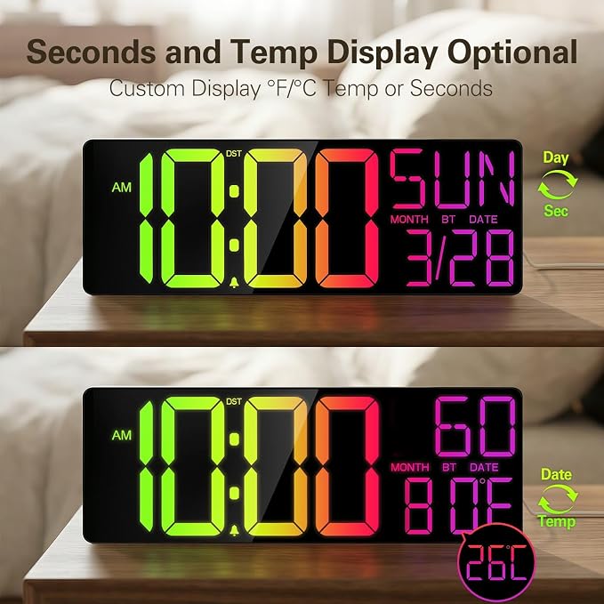 JALL 17.98" Large Digital Wall Clock with RGB Lights & Remote, Digital Clock with Bluetooth Sync & DST, Wall Clock with Temperature & Seconds Display, Clocks for Living Room, Seniors