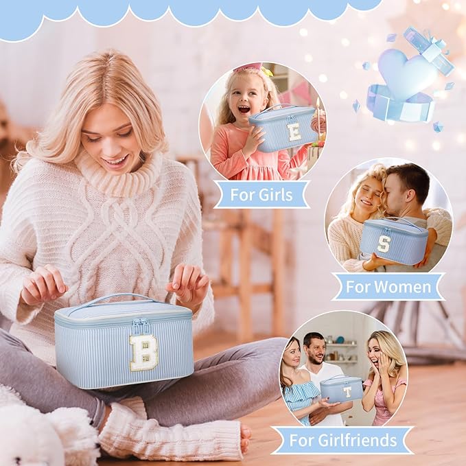 OCHEAL Makeup Bag Valentines Day Gifts for Women, Monogram Cosmetic Bag Blue Travel Makeup Case Beauty Toiletry Bag Organizer Personalized Gifts for Girls Bridesmaid, Sister, Wife, Friends Initial J