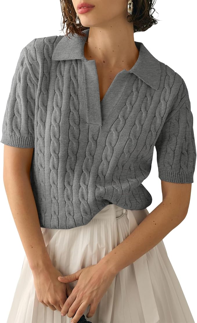 Imily Bela Womens Cable Short Sleeve Sweaters Tops Lapel V Neck Knit Shirt | Solid,Knit Casual,Soft Pullover,Fall Sweaters,Womens Summer Work Tops